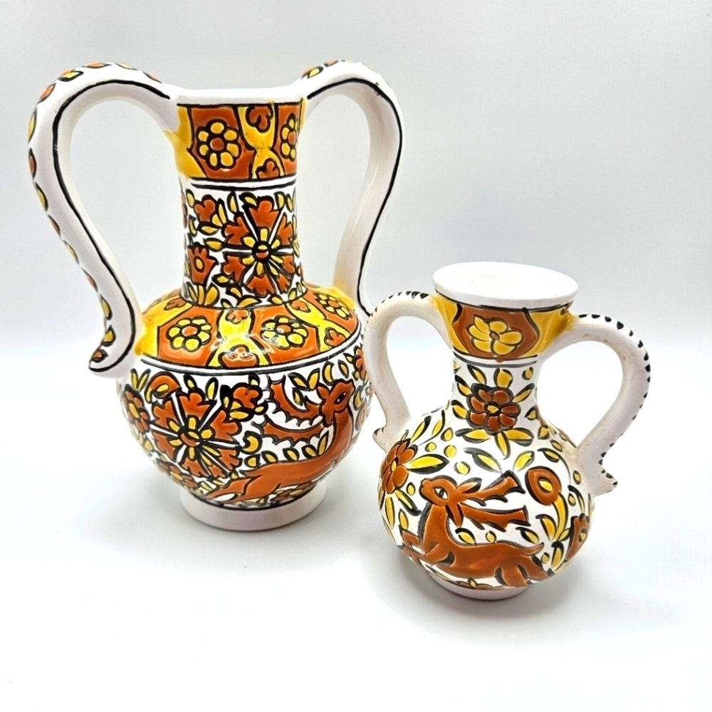 VINTAGE Handmade Theofilos Ceramic Rhodes Greece Pottery Deer Pitcher Vase Set